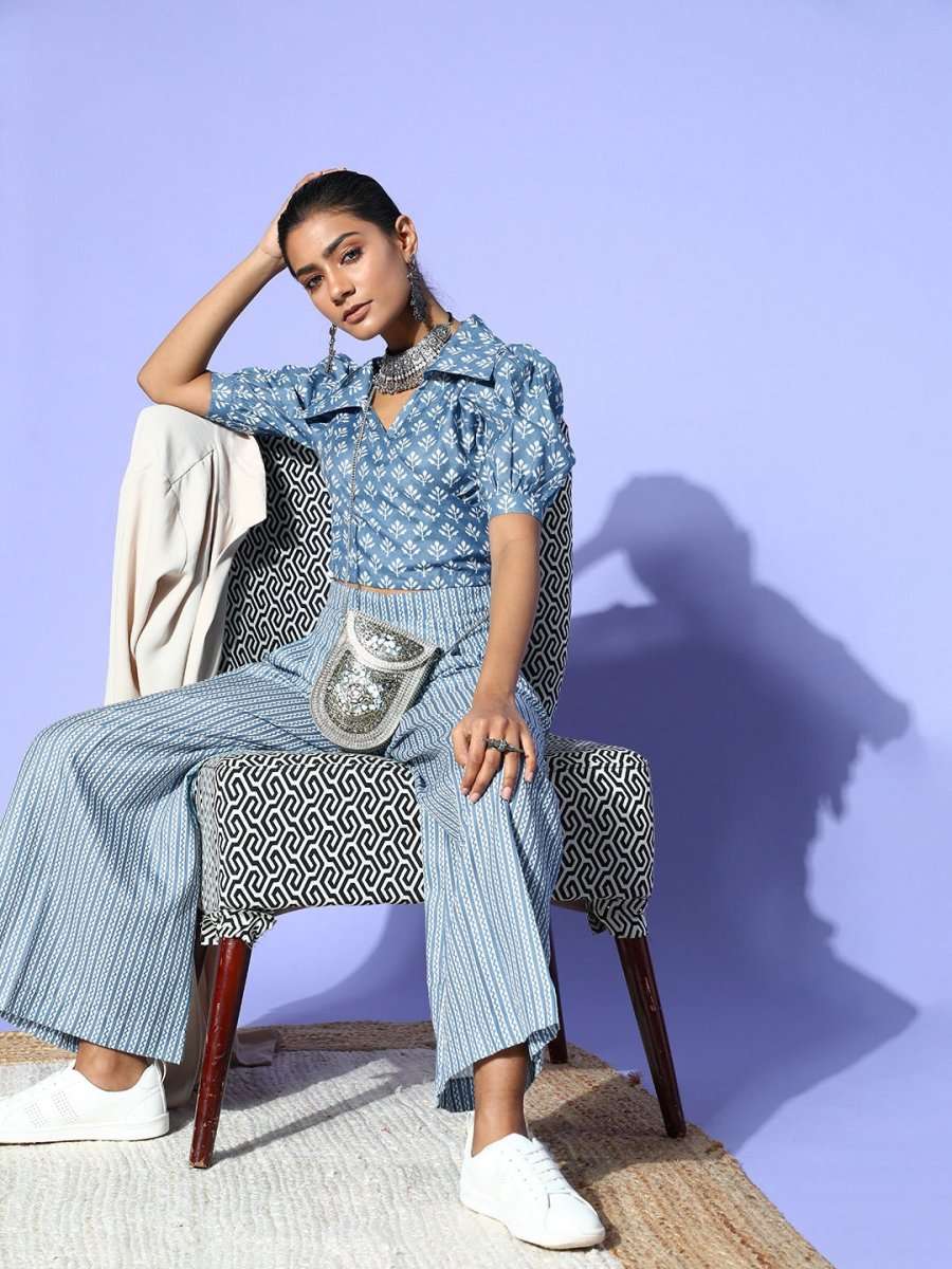 Blue Cotton Ethnic Motif Printed Co-Ords - Inddus.com