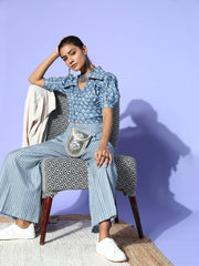 Blue Cotton Ethnic Motif Printed Co-Ords - Inddus.com