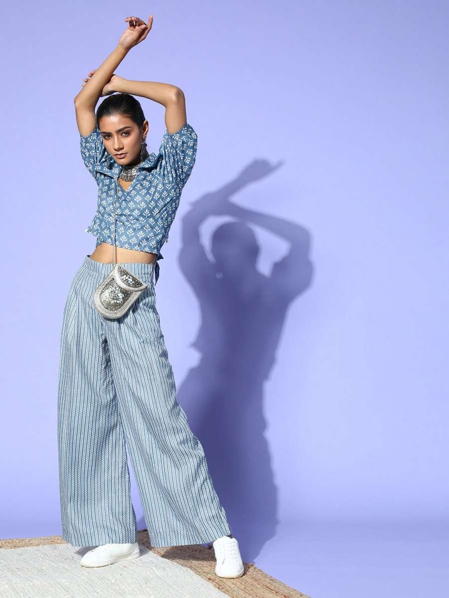 Blue Cotton Ethnic Motif Printed Co-Ords - Inddus.com