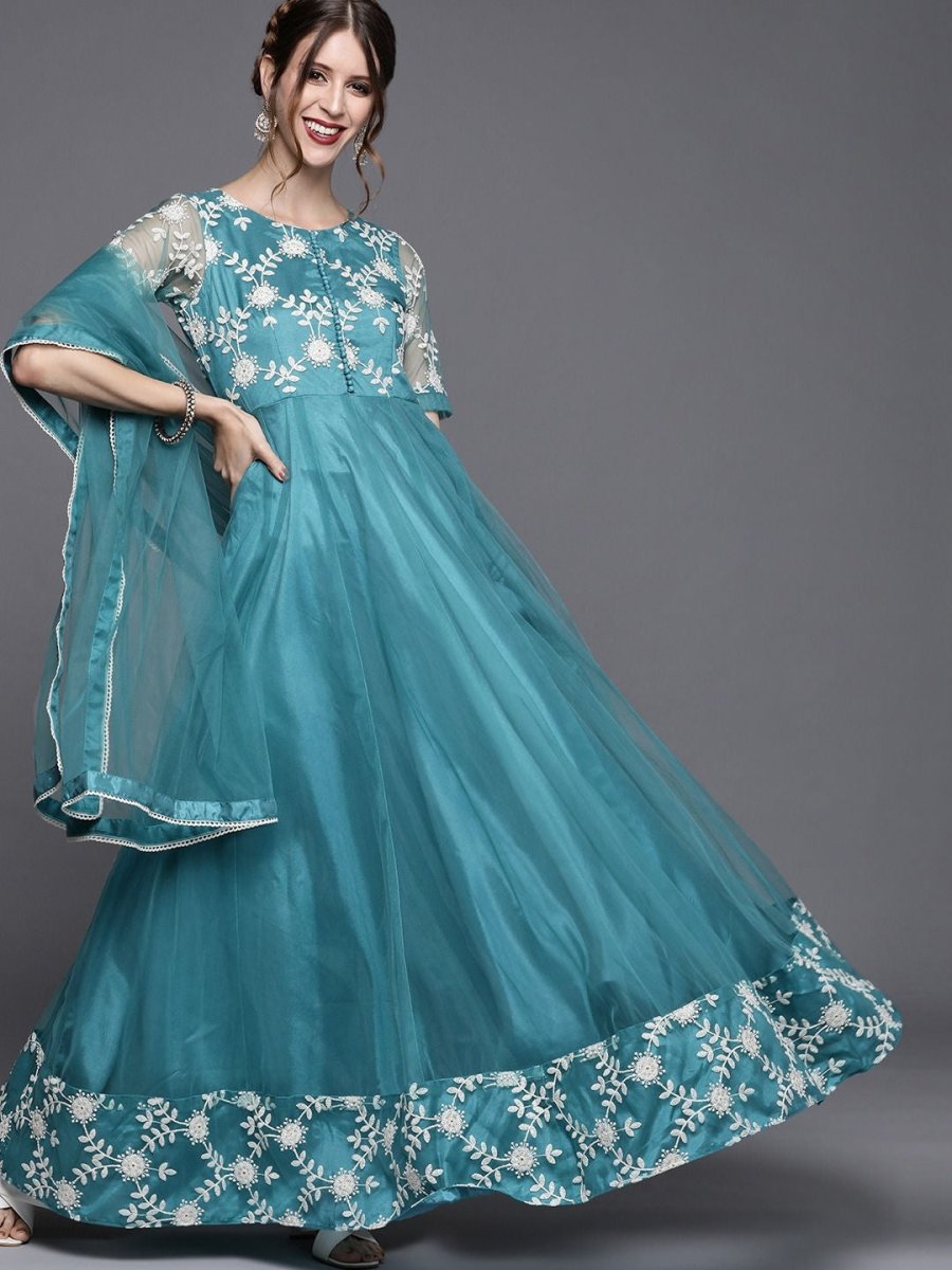 Blue Embroidered Anarkali - Inddus.com