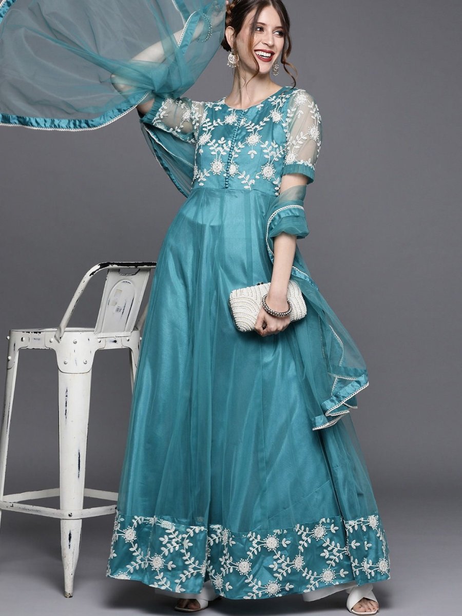 Blue Embroidered Anarkali - Inddus.com