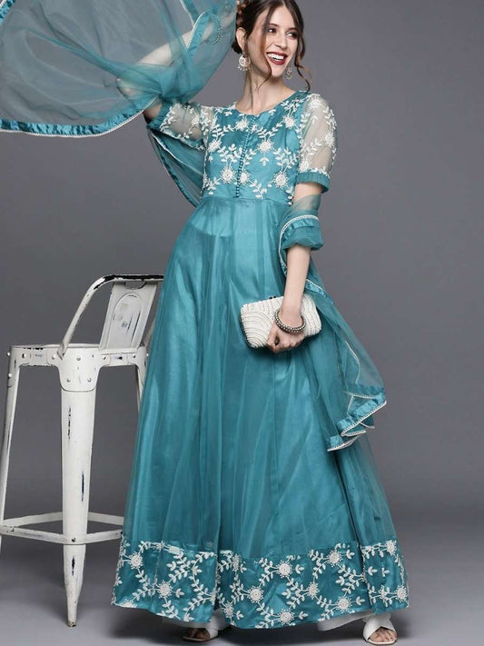 Blue Embroidered Anarkali - Inddus.com