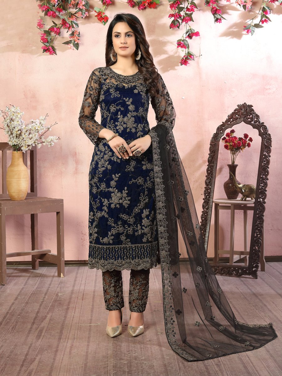 Blue Embroidered Partywear Straight Cut Suit - Inddus.com