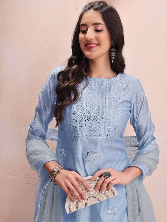 Blue Floral Embroidered Mukaish Chanderi Cotton Kurta With Trousers & Dupatta - Inddus.com