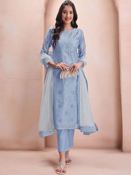 Blue Floral Embroidered Mukaish Chanderi Cotton Kurta With Trousers & Dupatta - Inddus.com