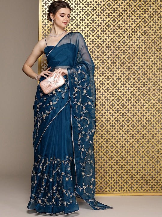 Blue Floral Embroidered Sequinned Organza Saree - Inddus.com