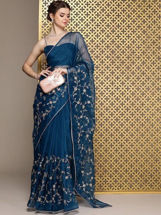 Blue Floral Embroidered Sequinned Organza Saree - Inddus.com