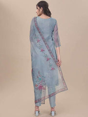 Blue Floral Embroidered Thread Work Kurta & Trousers With Dupatta - Inddus.com