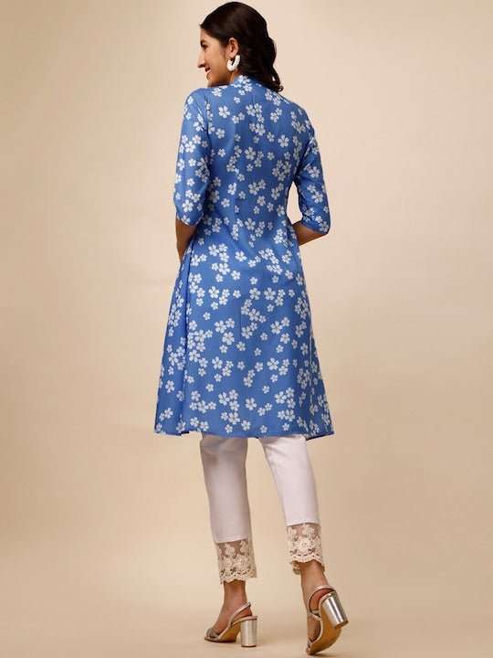 Blue Floral Printed Mandarin Collar A-Line Kurta - Inddus.com