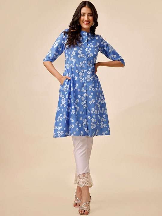Blue Floral Printed Mandarin Collar A-Line Kurta - Inddus.com