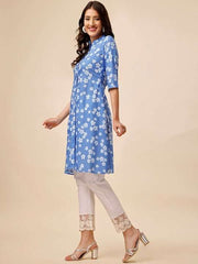 Blue Floral Printed Mandarin Collar A-Line Kurta - Inddus.com