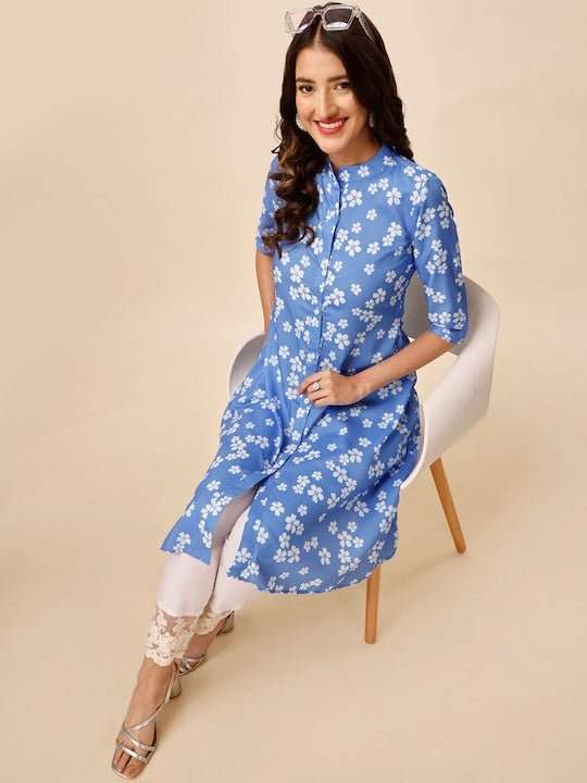 Blue Floral Printed Mandarin Collar A-Line Kurta - Inddus.com