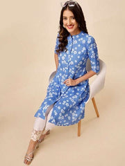 Blue Floral Printed Mandarin Collar A-Line Kurta - Inddus.com
