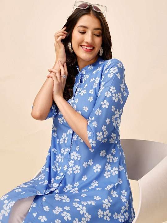 Blue Floral Printed Mandarin Collar A-Line Kurta - Inddus.com