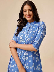 Blue Floral Printed Mandarin Collar A-Line Kurta - Inddus.com