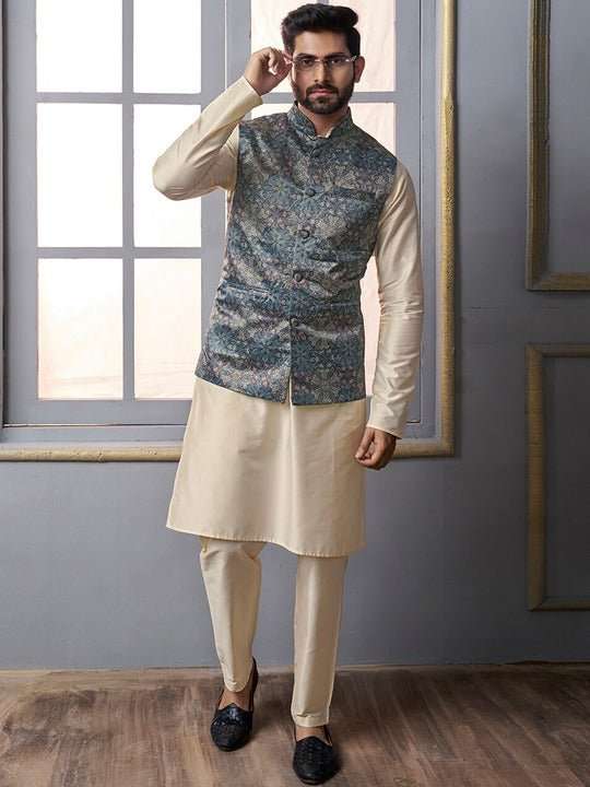 Blue Floral Printed Nehru Jacket - Inddus.com
