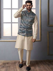 Blue Floral Printed Nehru Jacket - Inddus.com