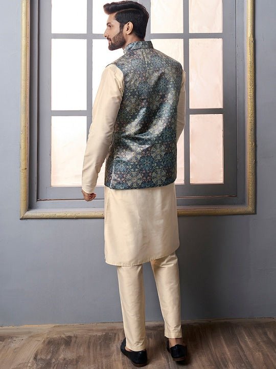 Blue Floral Printed Nehru Jacket - Inddus.com
