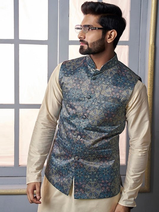 Blue Floral Printed Nehru Jacket - Inddus.com