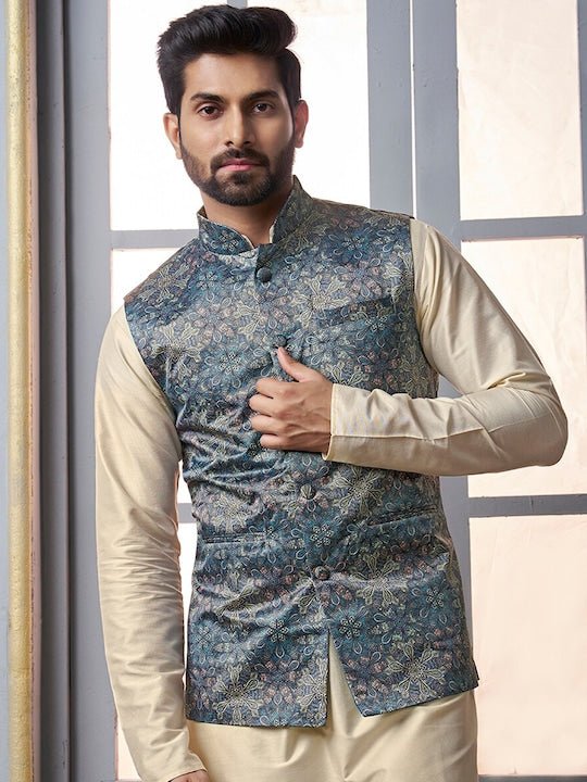 Blue Floral Printed Nehru Jacket - Inddus.com