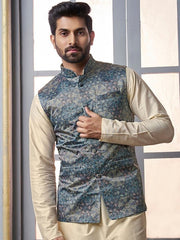 Blue Floral Printed Nehru Jacket - Inddus.com