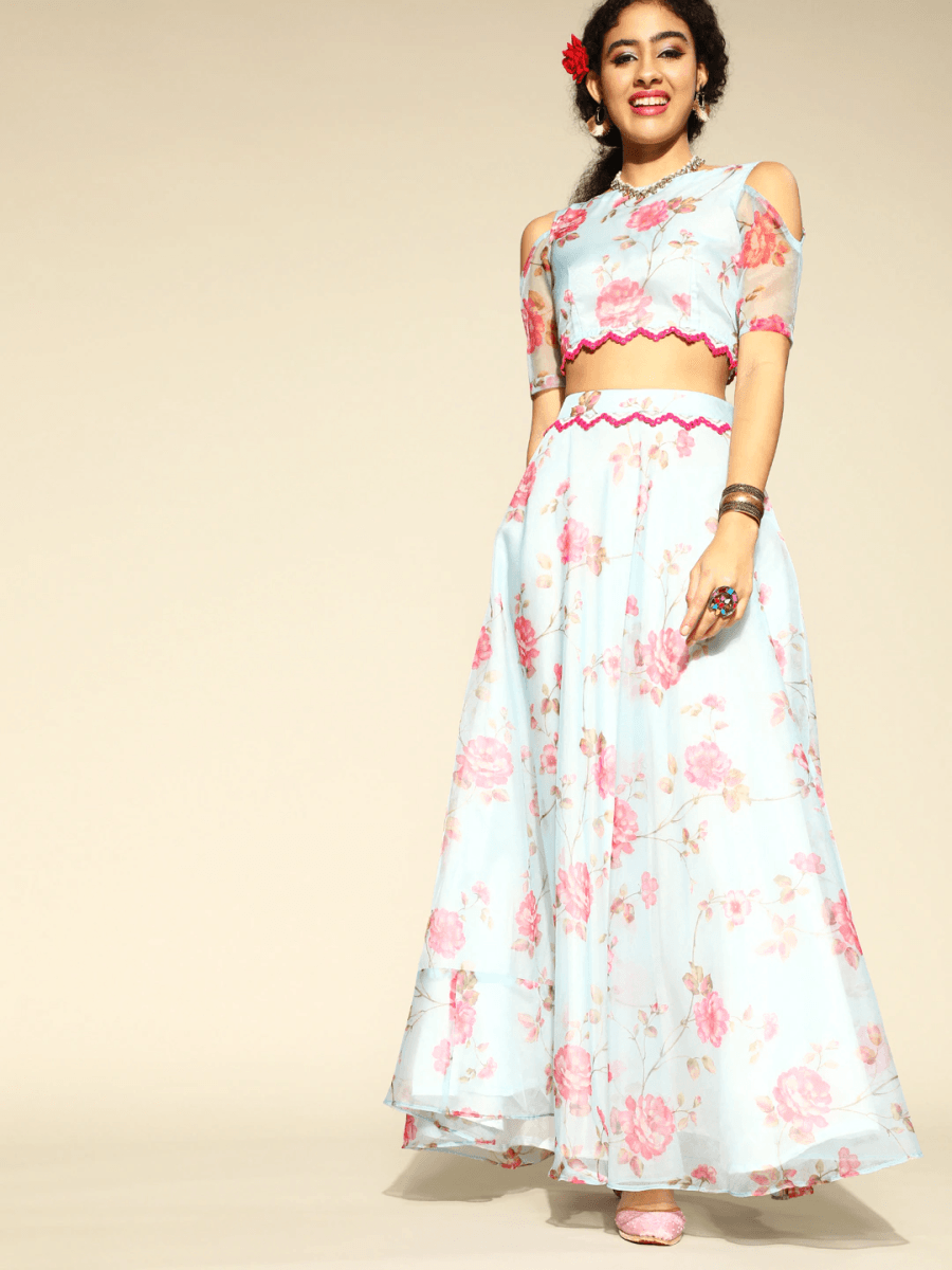 Blue Floral Printed Organa Skirt and Top - Inddus.com
