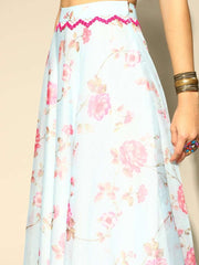 Blue Floral Printed Organa Skirt and Top - Inddus.com
