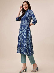 Blue Floral Printed Shirt Collar A-Line Kurta With Trousers - Inddus.com