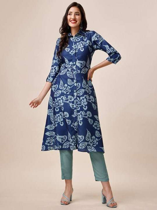 Blue Floral Printed Shirt Collar A-Line Kurta With Trousers - Inddus.com