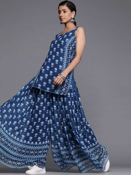 Blue Georgette Printed Palazzo Suit - Inddus.com