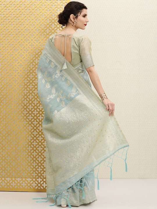 Blue & Golden Ethnic Woven Design Jashn Saree - Inddus.com