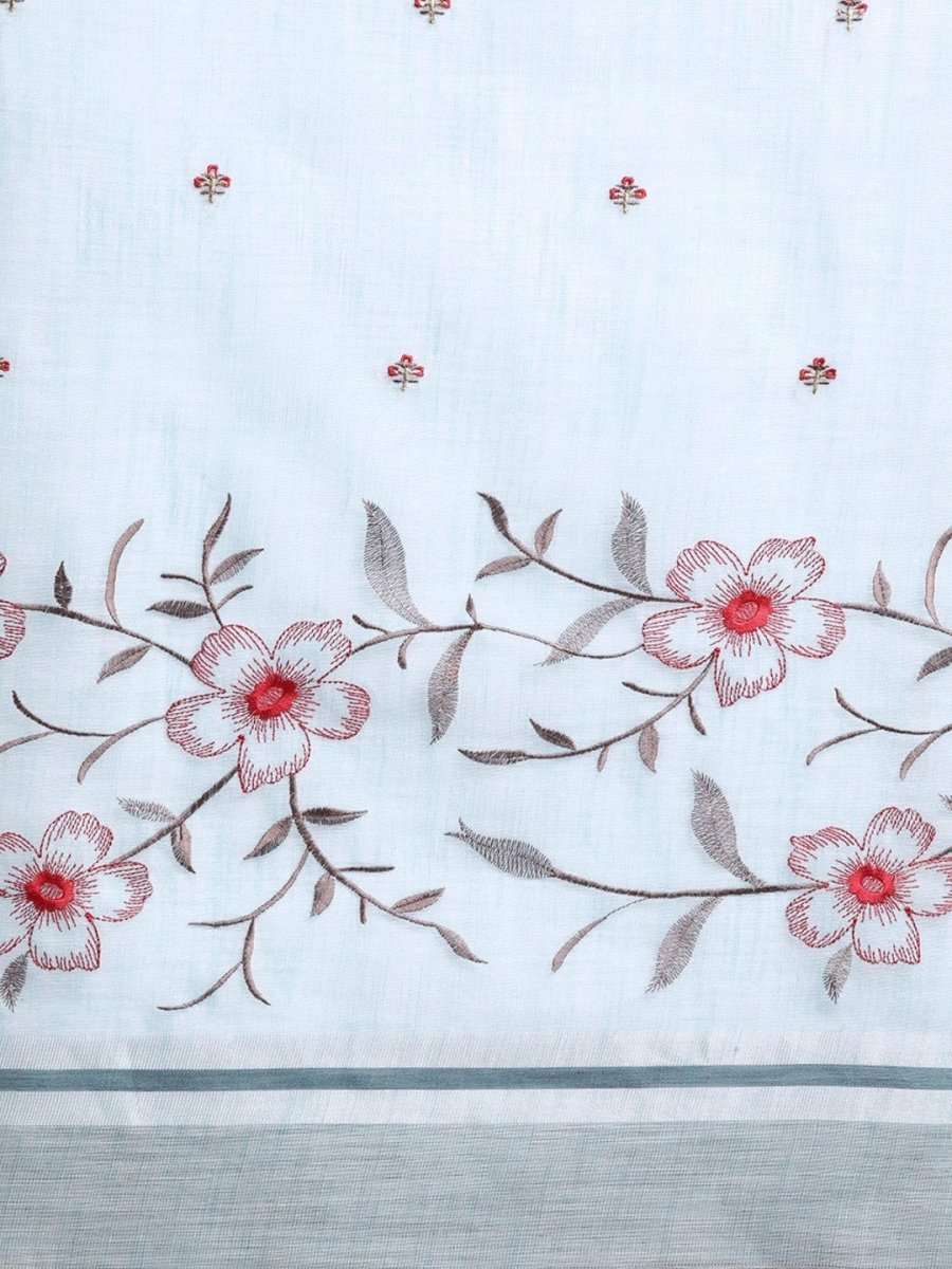 Blue Linen Blend Embroidered Party Wear Traditional Saree - inddus-us