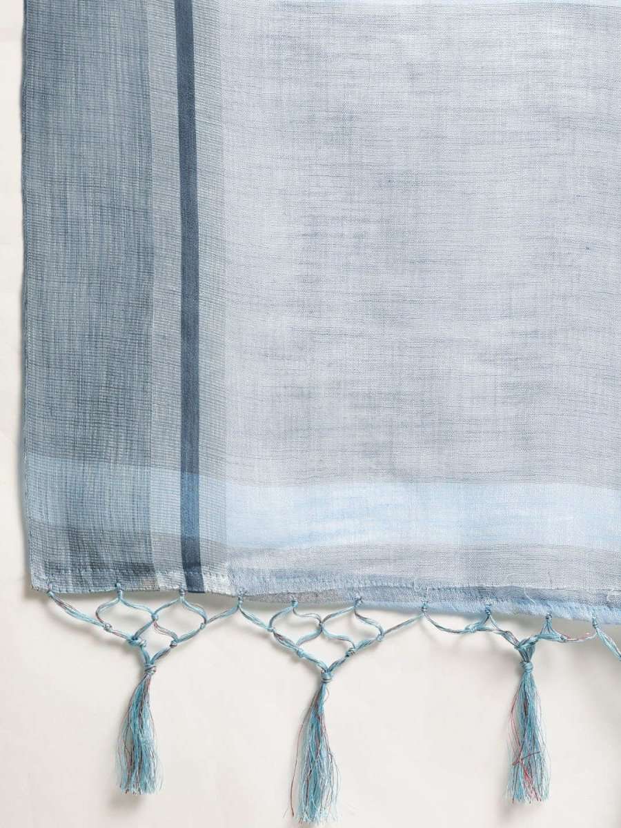 Blue Linen Blend Embroidered Party Wear Traditional Saree - inddus-us