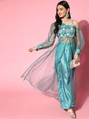 Blue Net Embroidered Kurta with Palazzo - Inddus.com