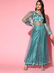 Blue Net Embroidered Kurta with Palazzo - Inddus.com