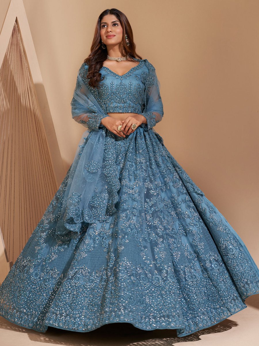 Blue Net Partywear Lehenga Choli - Inddus.com