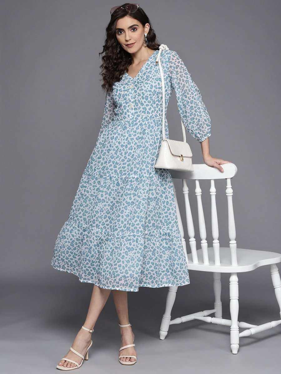 Blue & Off White Animal Print A-Line Midi Dress - Inddus.com