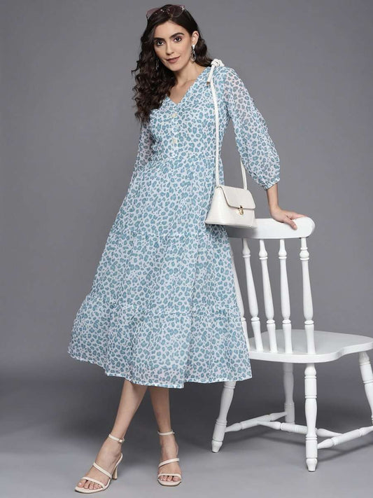 Blue & Off White Animal Print A-Line Midi Dress - Inddus.com