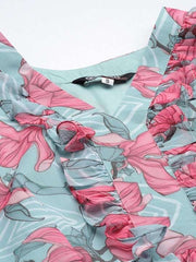 Blue & Pink Floral Chiffon Maxi Dress - Inddus.com