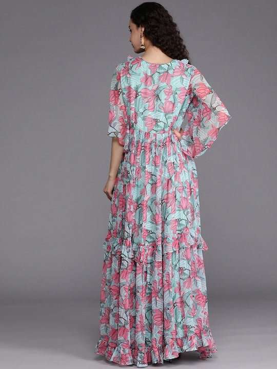 Blue & Pink Floral Chiffon Maxi Dress - Inddus.com