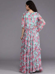 Blue & Pink Floral Chiffon Maxi Dress - Inddus.com