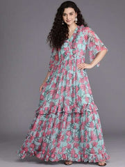 Blue & Pink Floral Chiffon Maxi Dress - Inddus.com