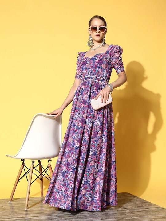 Blue & Pink Floral Georgette Maxi Dress - Inddus.com