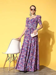 Blue & Pink Floral Georgette Maxi Dress - Inddus.com