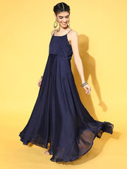 Blue Poly Silk Partywear Self Design Dresses - Inddus.com