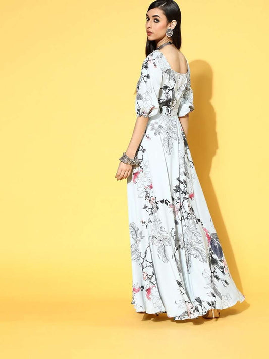 Blue Polyester Partywear Floral Dresses - Inddus.com