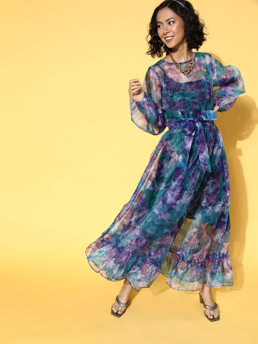 Blue & Purple Tropical Printed Fit and Flare Ruffled Gown - Inddus.com
