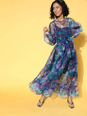 Blue & Purple Tropical Printed Fit and Flare Ruffled Gown - Inddus.com