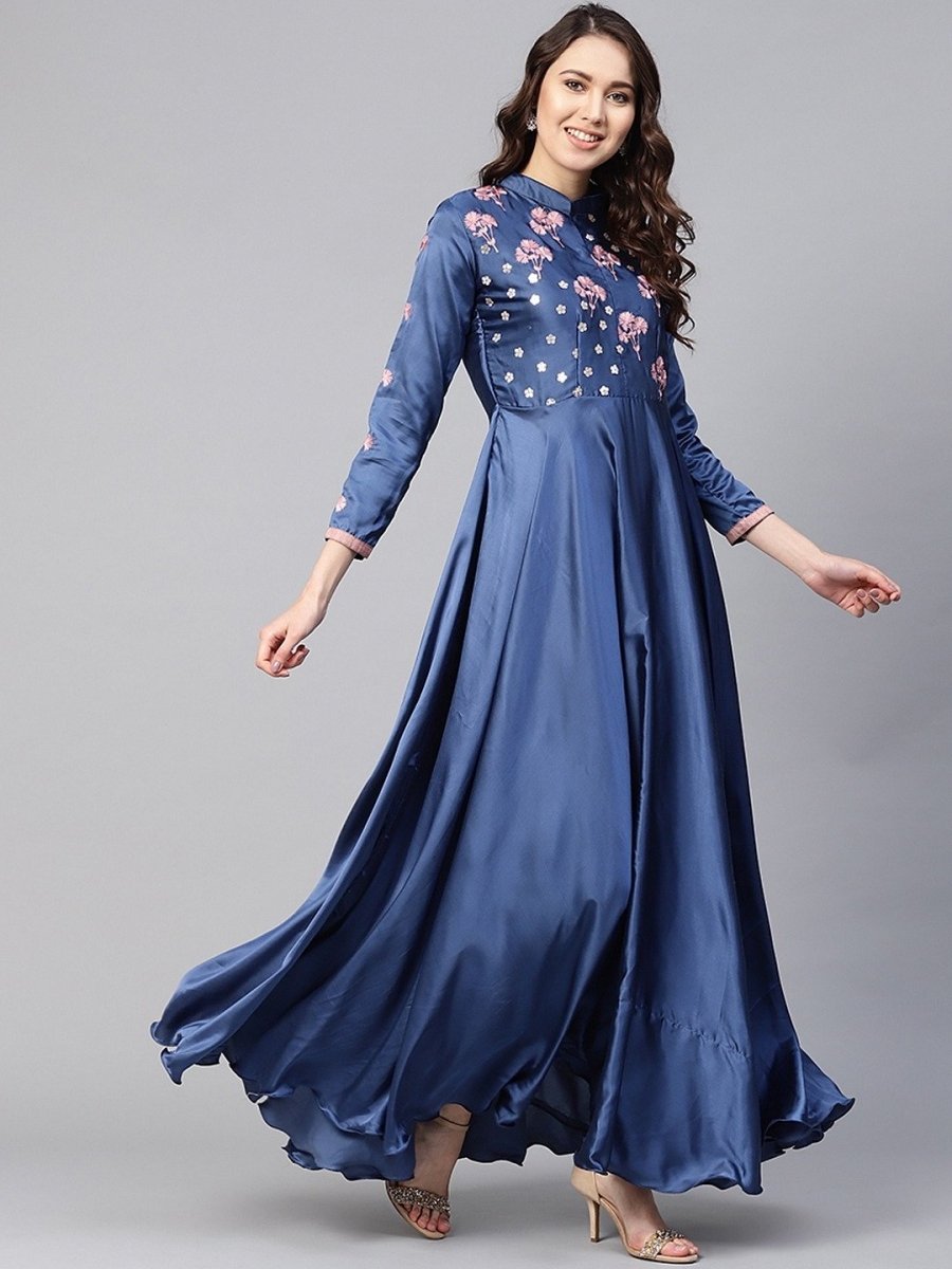 Blue Silk Partywear Dress - inddus-us