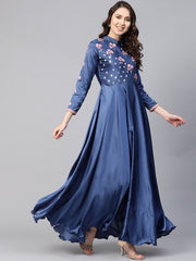 Blue Silk Partywear Dress - inddus-us